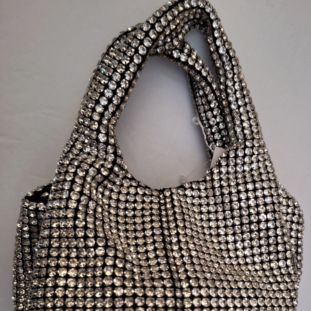 Rhinestone Sachel/Crossbody bag, with Chain strap & top handle. Silver. F & F.